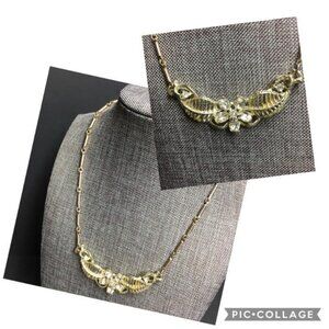 Art Deco Flower Necklace 16 In Gold Rhinestone Straight Bling Glam Retro Vintage